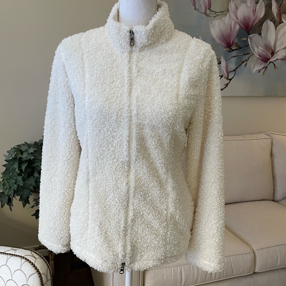 J. Jill Winter White Teddy Bear Fuzzy Zip Up Cardigan Sweater Jacket